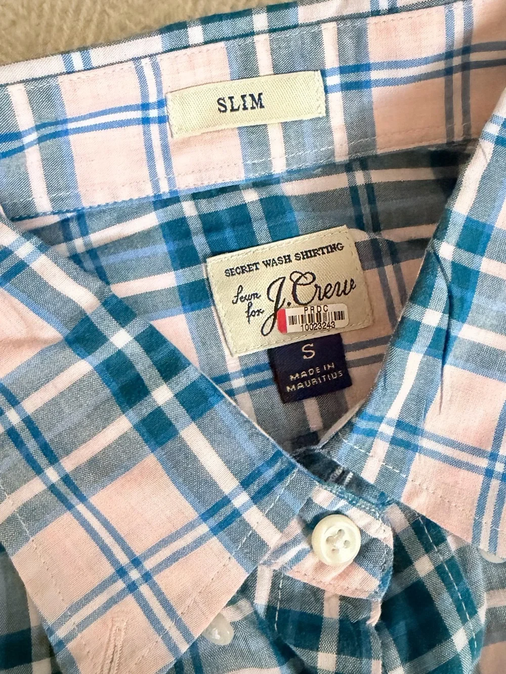 J.Crew Secret Wash Checkered pink/blue Buttoned Collar Size Small Slim NWOT